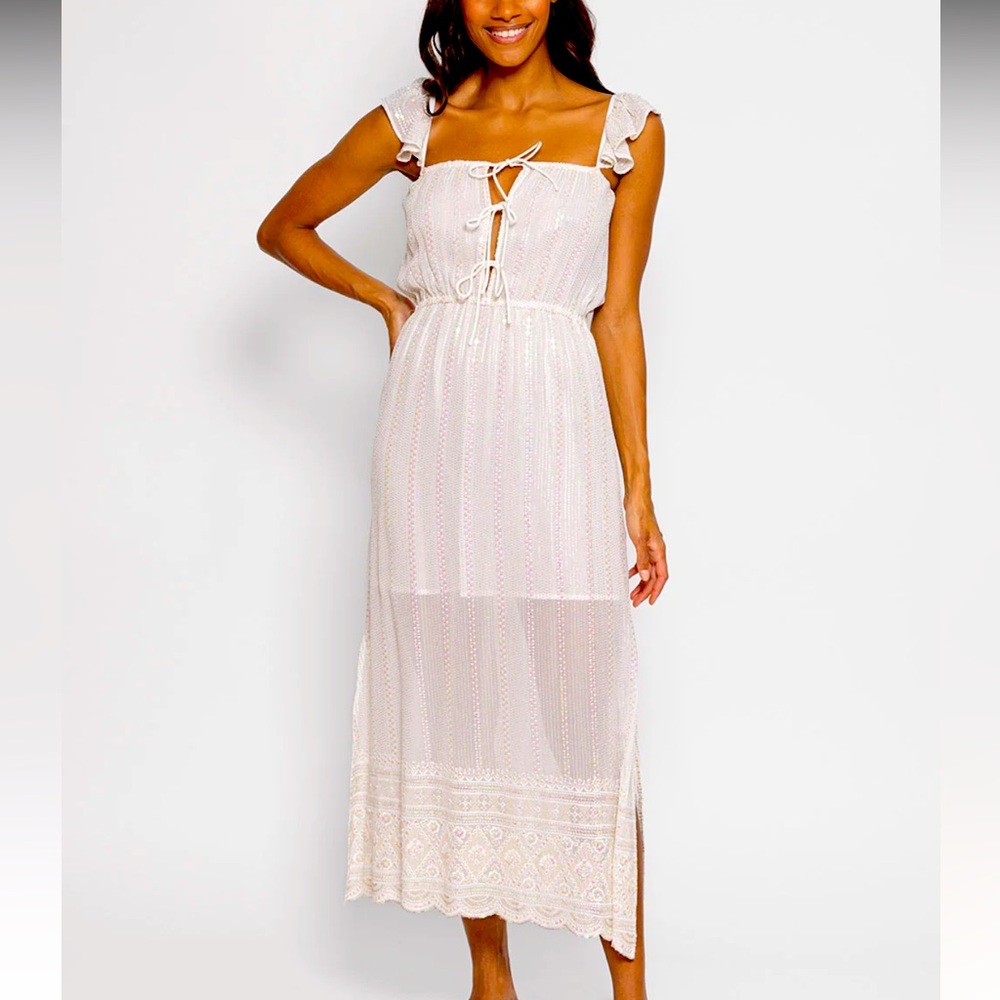 New SUNDRESS Embroidered Beaded Midi Dress, Wedding Weekend Bride $398, xs/s